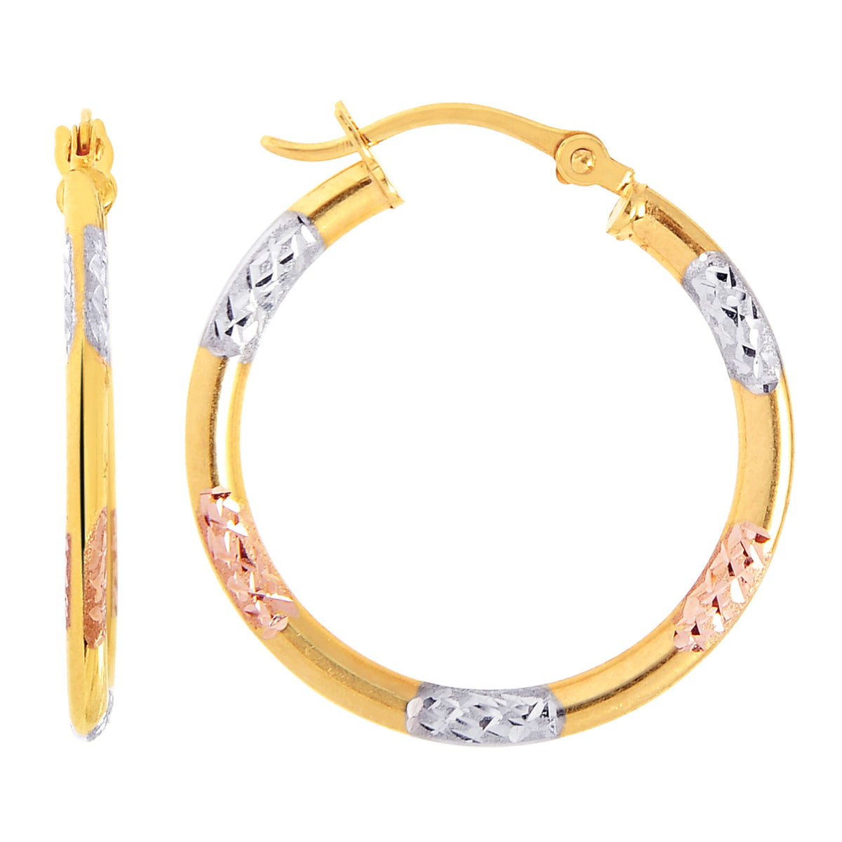 10k Tricolor White Yellow And Rose Gold Diamond Cut Round Hoop Earrings, Diameter 20mm fine designer jewelry for men and women