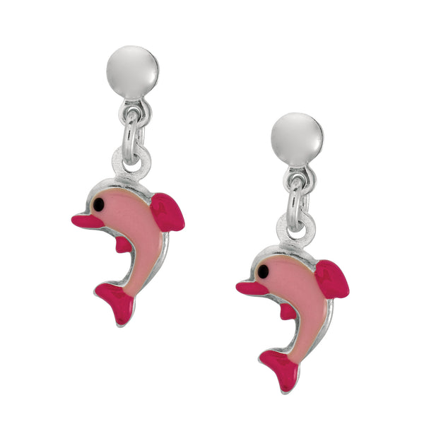 Pink Enamel Dolphin Dangle Earrings In Sterling Silver - JewelryAffairs
 - 1