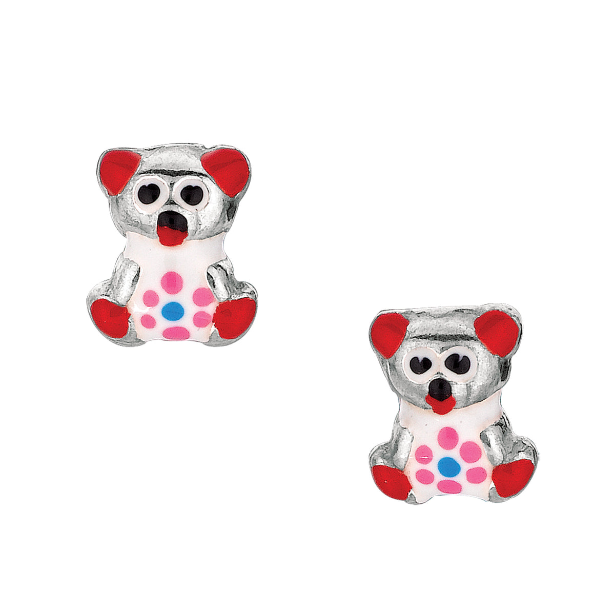 Red Theme Enamel Kids Teddy Bear Stud Earrings In Sterling Silver - JewelryAffairs
 - 1