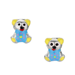 Blue Theme Enamel Kids Teddy Bear Stud Earrings In Sterling Silver - JewelryAffairs
 - 1