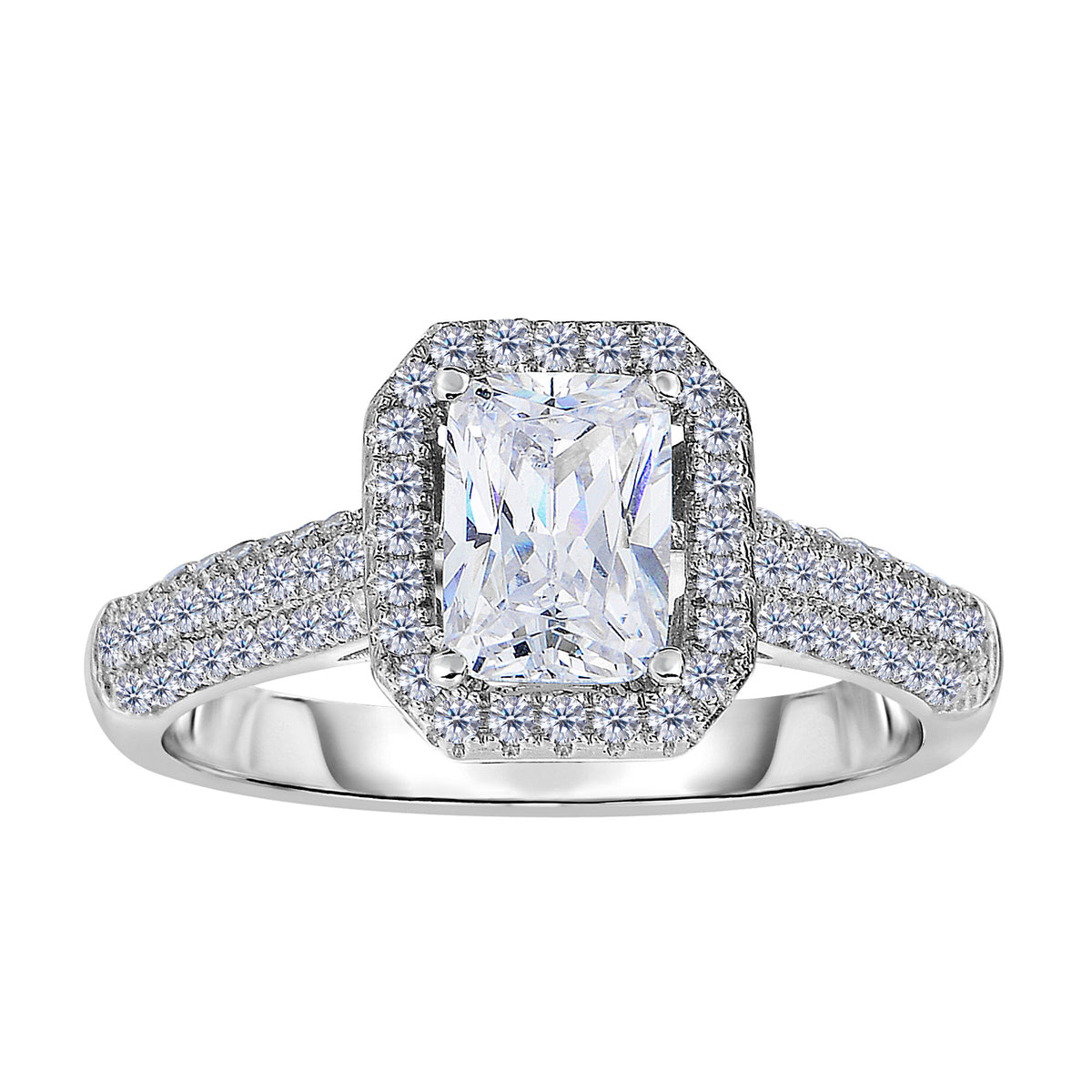 Sterling Silver With Rhodium Finish With Radiant Center And Pave' Set Side Cz Stones Engagement Style Ring - JewelryAffairs
 - 1