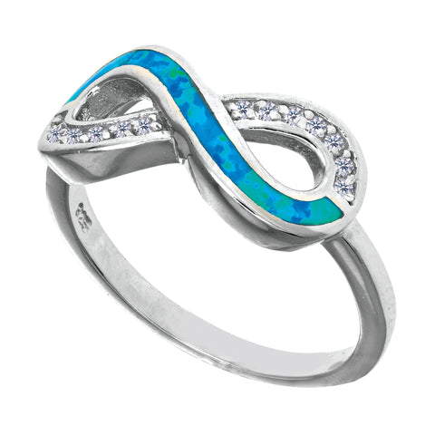 Sterling Silver With Rhodium Finish Infinity Design With Cz And Created Opal Ring - JewelryAffairs
 - 1