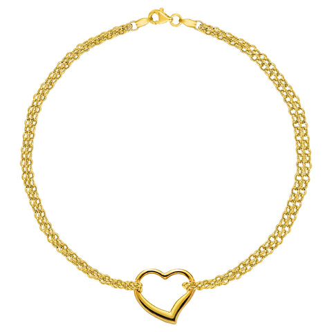 14K Yellow Gold Double Strand With Heart Anklet, 10"