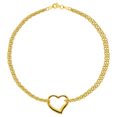Bracelet de cheville double brin en or jaune 14 carats avec cœur, bijoux de créateurs fins de 10 pouces pour hommes et femmes