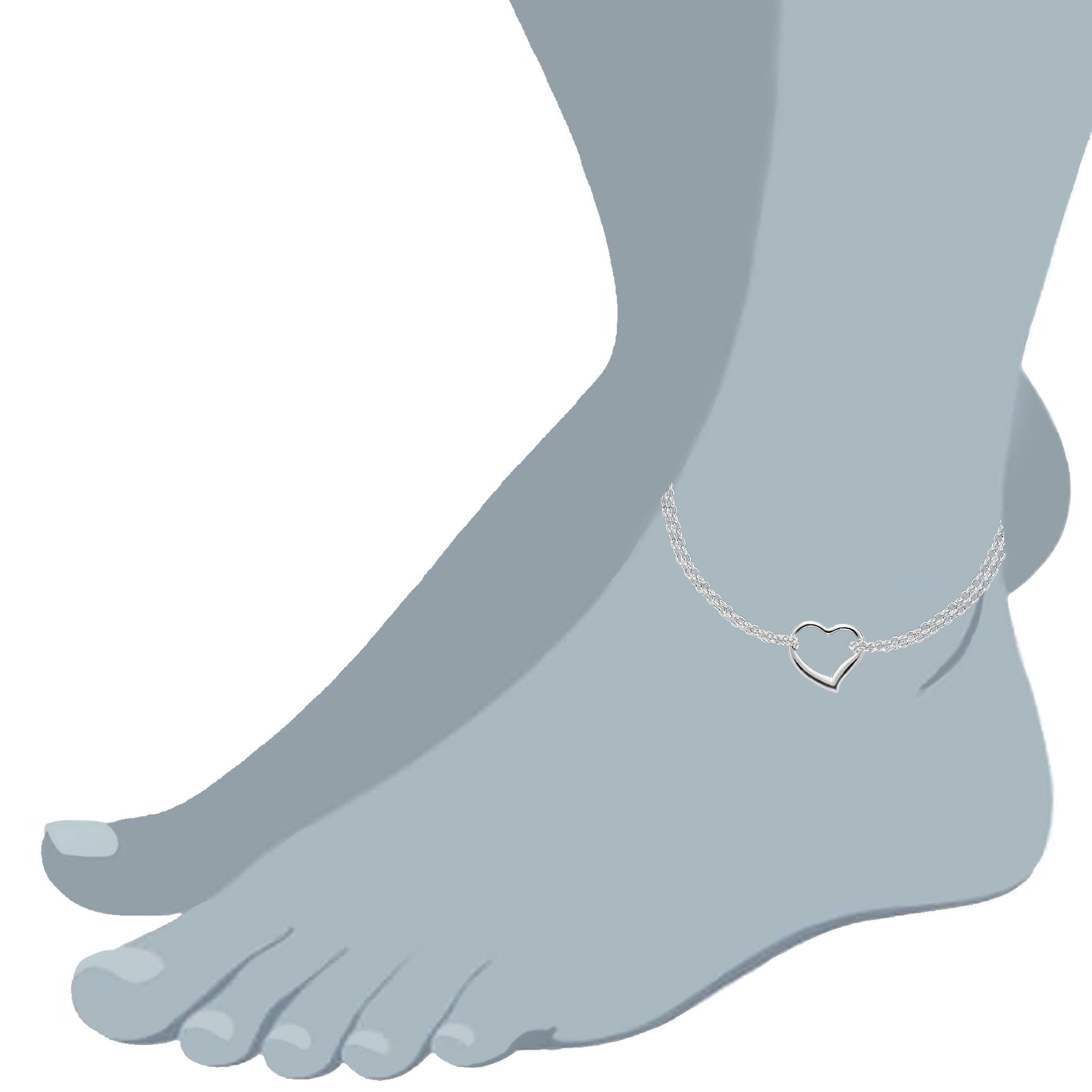 Doppio filo in oro bianco 14 carati con cavigliera a cuore, gioielli di design da 10" per uomini e donne