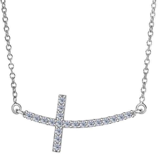 14k White Gold With 0.22ct Diamonds Curved Side Ways Cross Necklace - 18 Inches - JewelryAffairs
 - 1