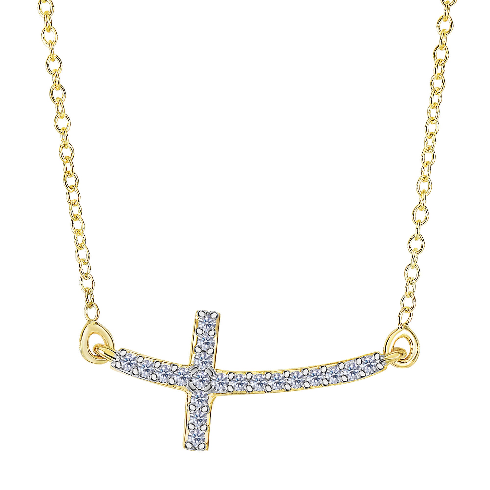Collana con croce laterale curva in oro giallo 14k con diamanti da 0,12 ct - Gioielleria raffinata da 18 pollici per uomini e donne