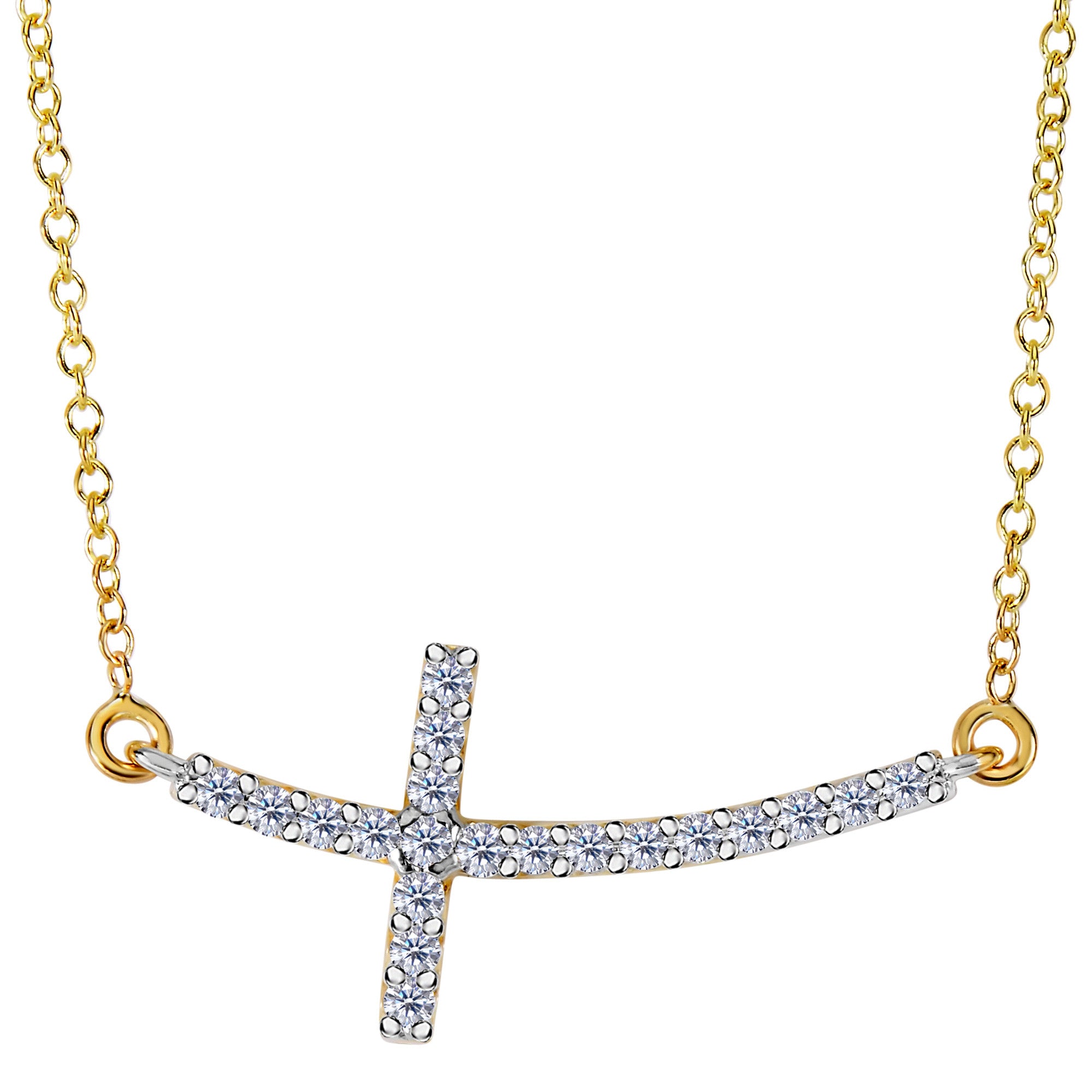 14k Yellow Gold With 0.22ct Diamonds Curved Side Ways Cross Necklace - 18 Inches - JewelryAffairs
 - 1