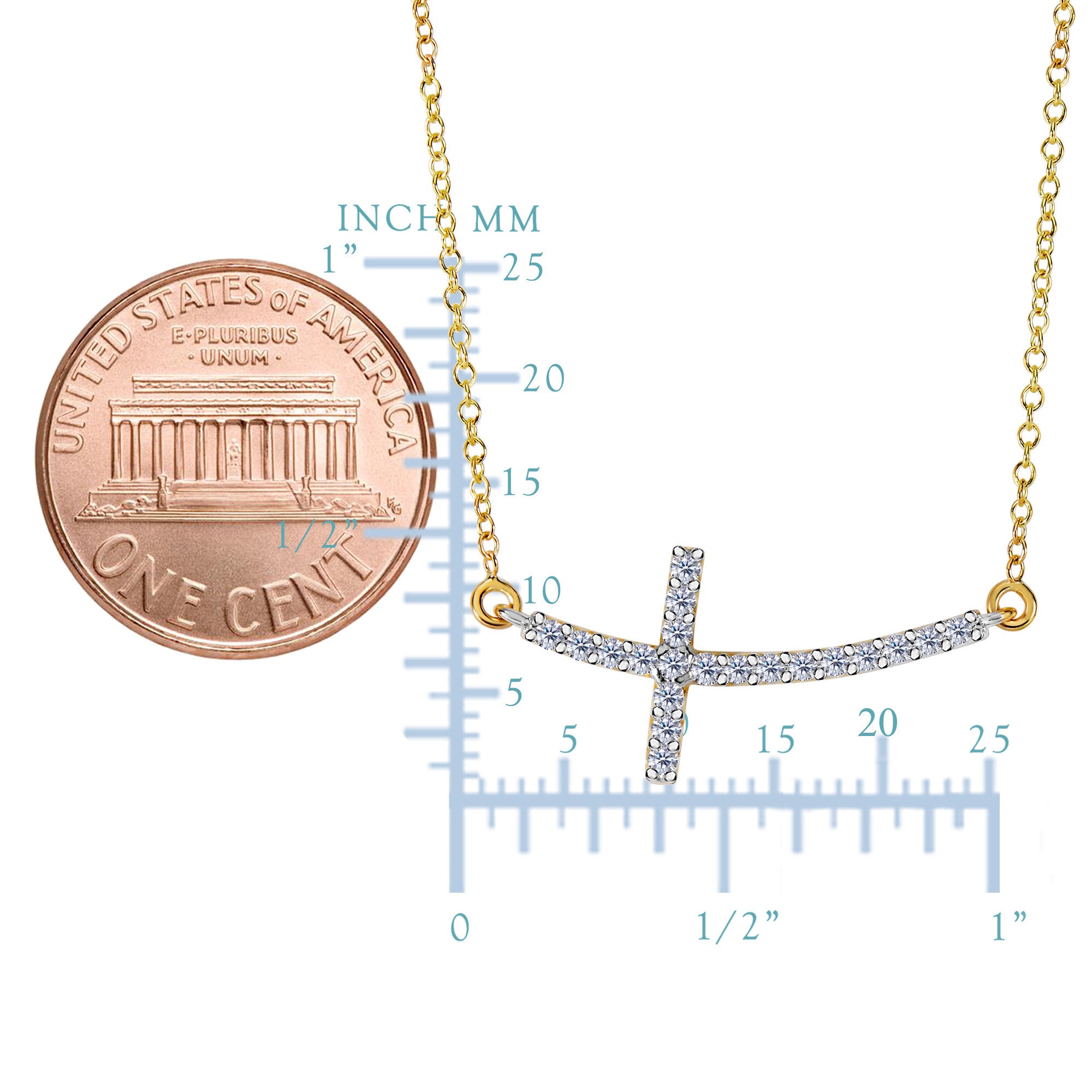 14k Yellow Gold With 0.22ct Diamonds Curved Side Ways Cross Necklace - 18 Inches - JewelryAffairs
 - 2