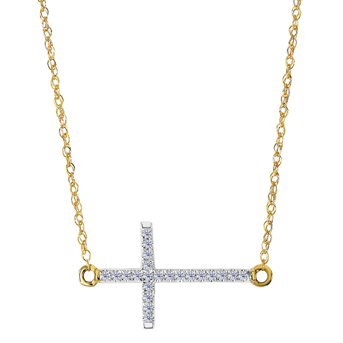 14k Yellow Gold With 0.05ct Diamonds Side Ways Cross Necklace - 18 Inches - JewelryAffairs
 - 1