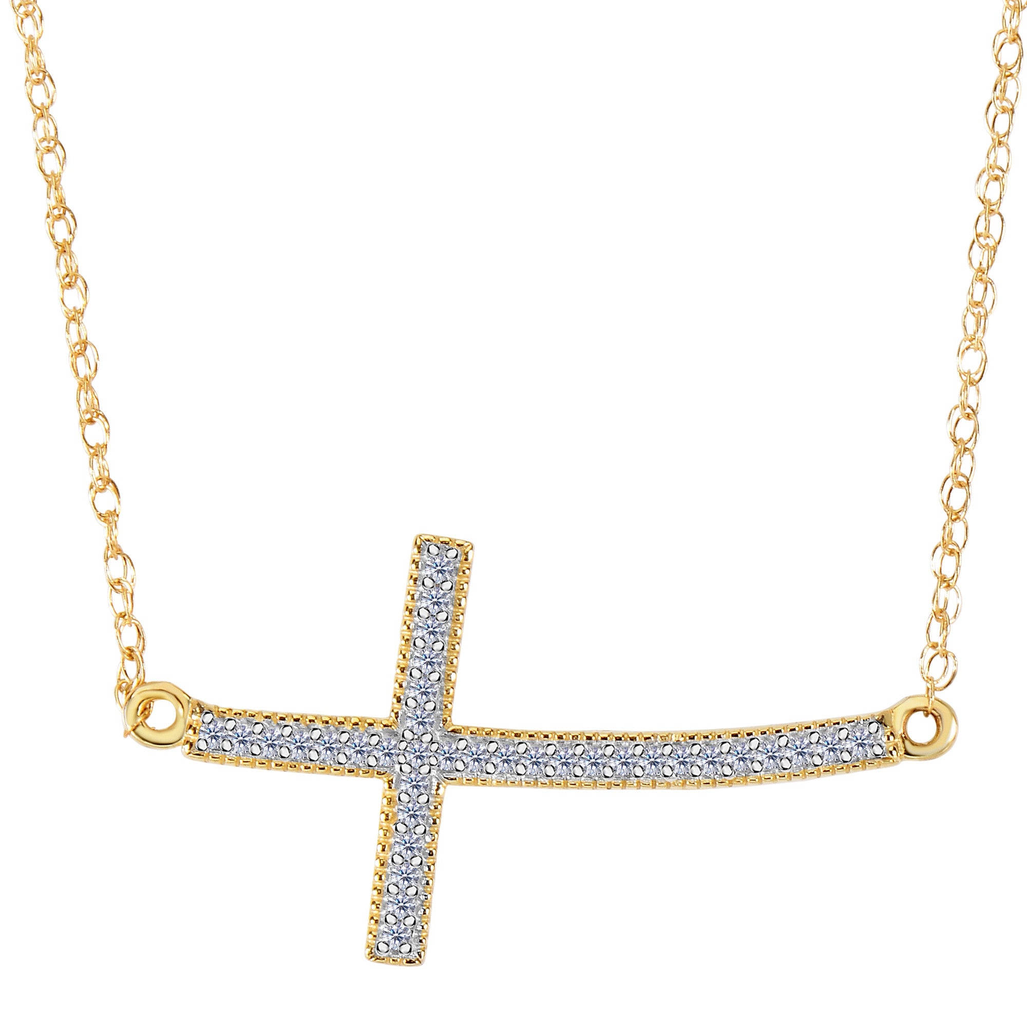 14k Yellow Gold With 0.08ct Diamonds Curved Side Ways Cross Millgrain Necklace - 18 Inches - JewelryAffairs
 - 1