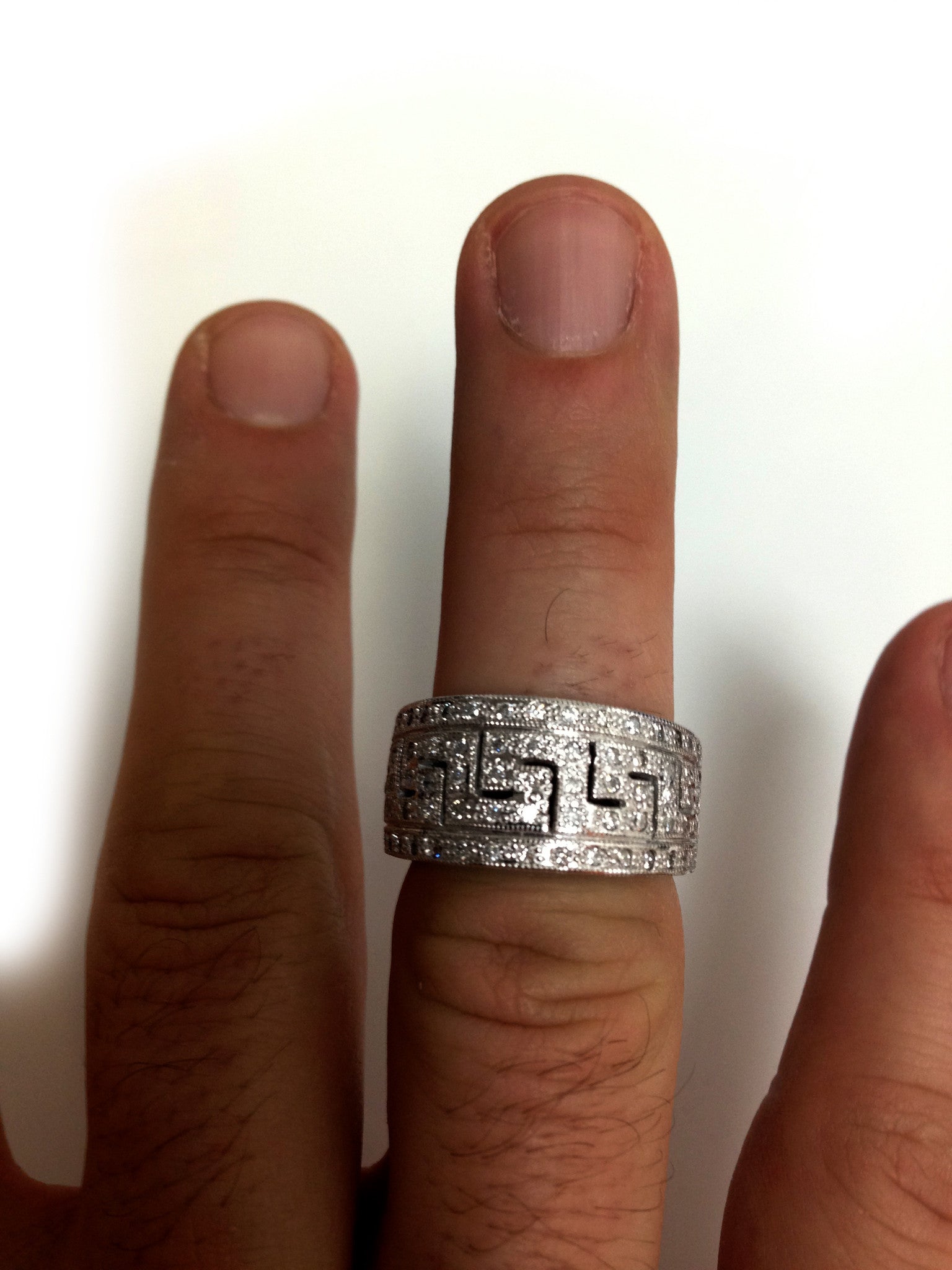 14K Gold Round Diamond Pave' Set Greek Key Ring, 0.74ctw fine designer jewelry for men and women
