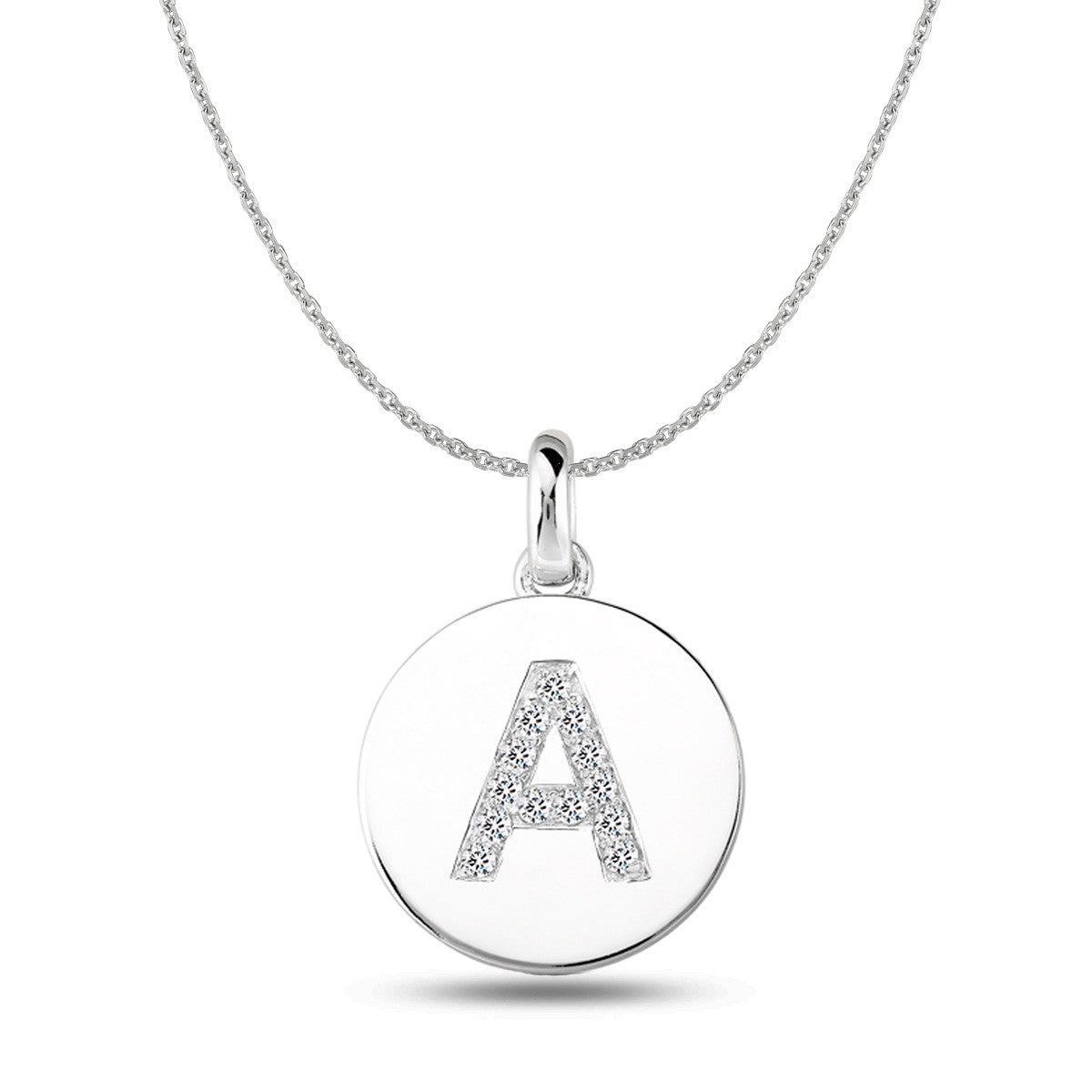 Colgante de disco de oro blanco de 14 quilates con inicial de diamante "A" (0,13 quilates), joyería fina de diseño para hombres y mujeres