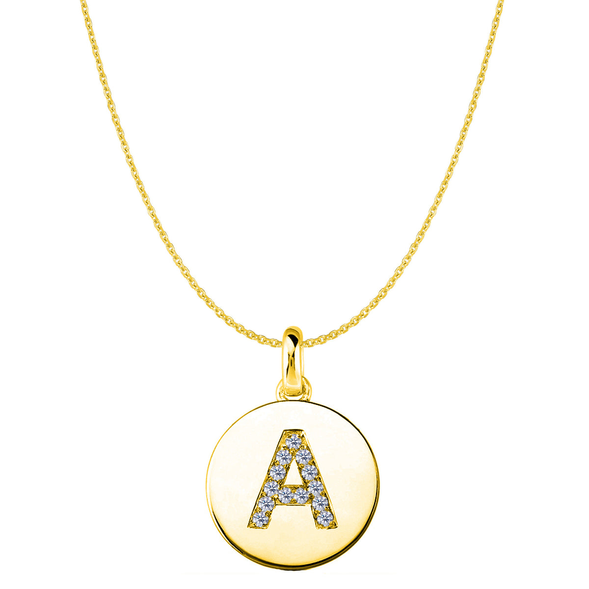 Pendentif disque en or jaune 14 carats avec initiale en diamant « A » (0,13 ct), bijoux de créateur raffinés pour hommes et femmes