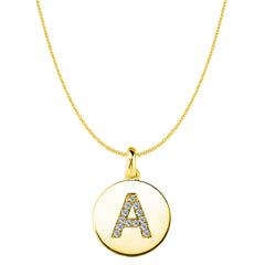 Colgante de disco de oro amarillo de 14 quilates con inicial de diamante "A" (0,13 quilates), joyería fina de diseño para hombres y mujeres