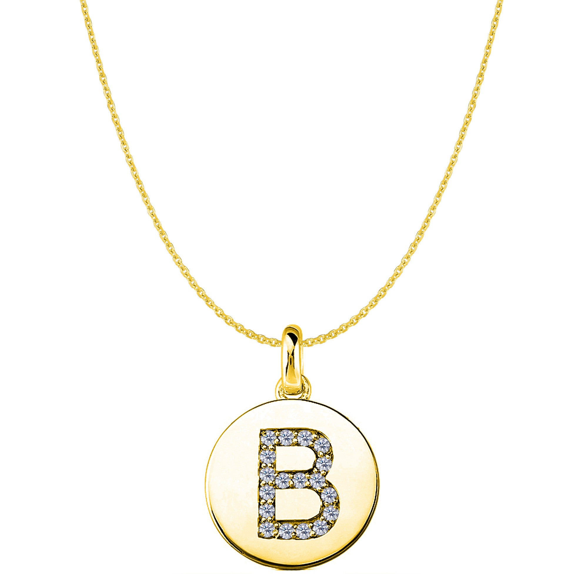 Pendentif disque en or jaune 14 carats avec initiale en diamant « B » (0,18 ct), bijoux de créateur raffinés pour hommes et femmes