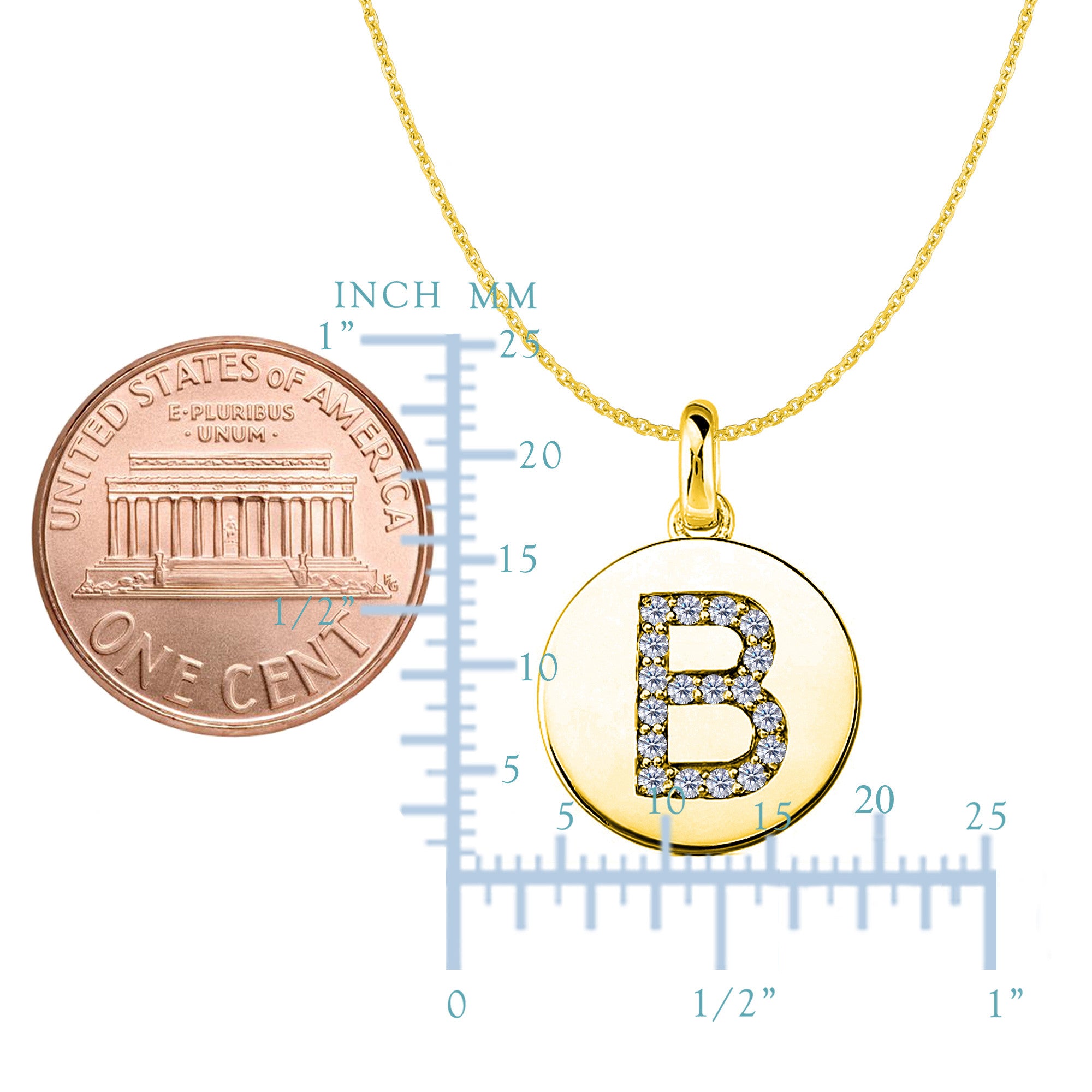Pendentif disque en or jaune 14 carats avec initiale en diamant « B » (0,18 ct), bijoux de créateur raffinés pour hommes et femmes