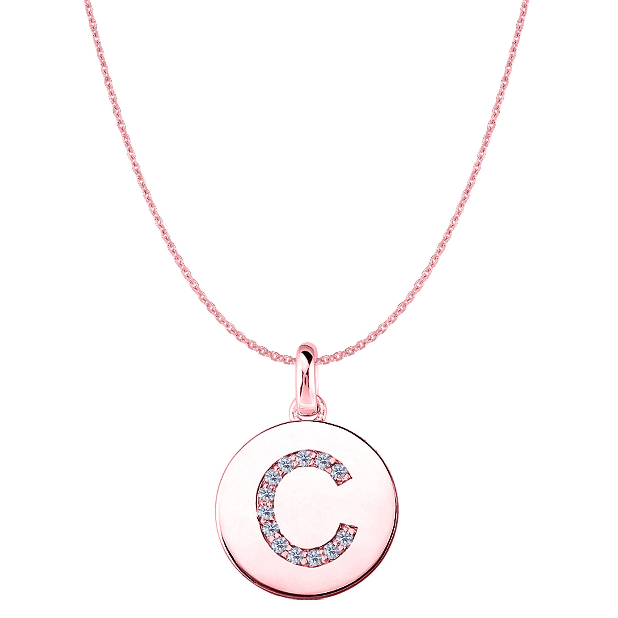 Ciondolo a forma di disco in oro rosa 14 carati con iniziale "C" (0,13 ct), gioielleria di alta qualità per uomo e donna