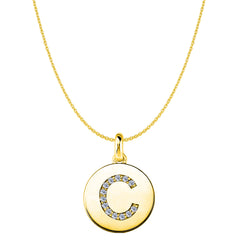 Ciondolo a forma di disco in oro giallo 14 carati con iniziale "C" (0,13 ct), gioielleria di alta qualità per uomo e donna