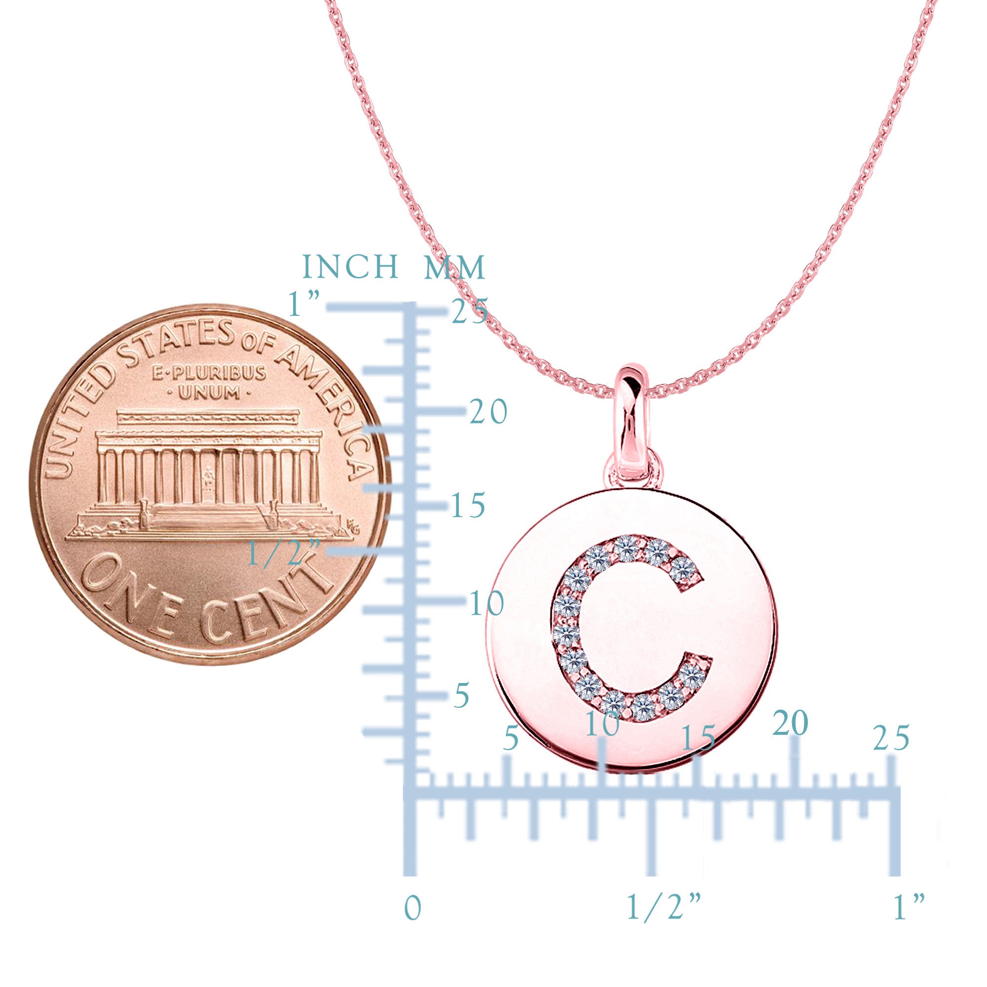 Colgante de disco de oro rosa de 14 quilates con inicial de diamante "C" (0,13 quilates), joyería fina de diseño para hombres y mujeres