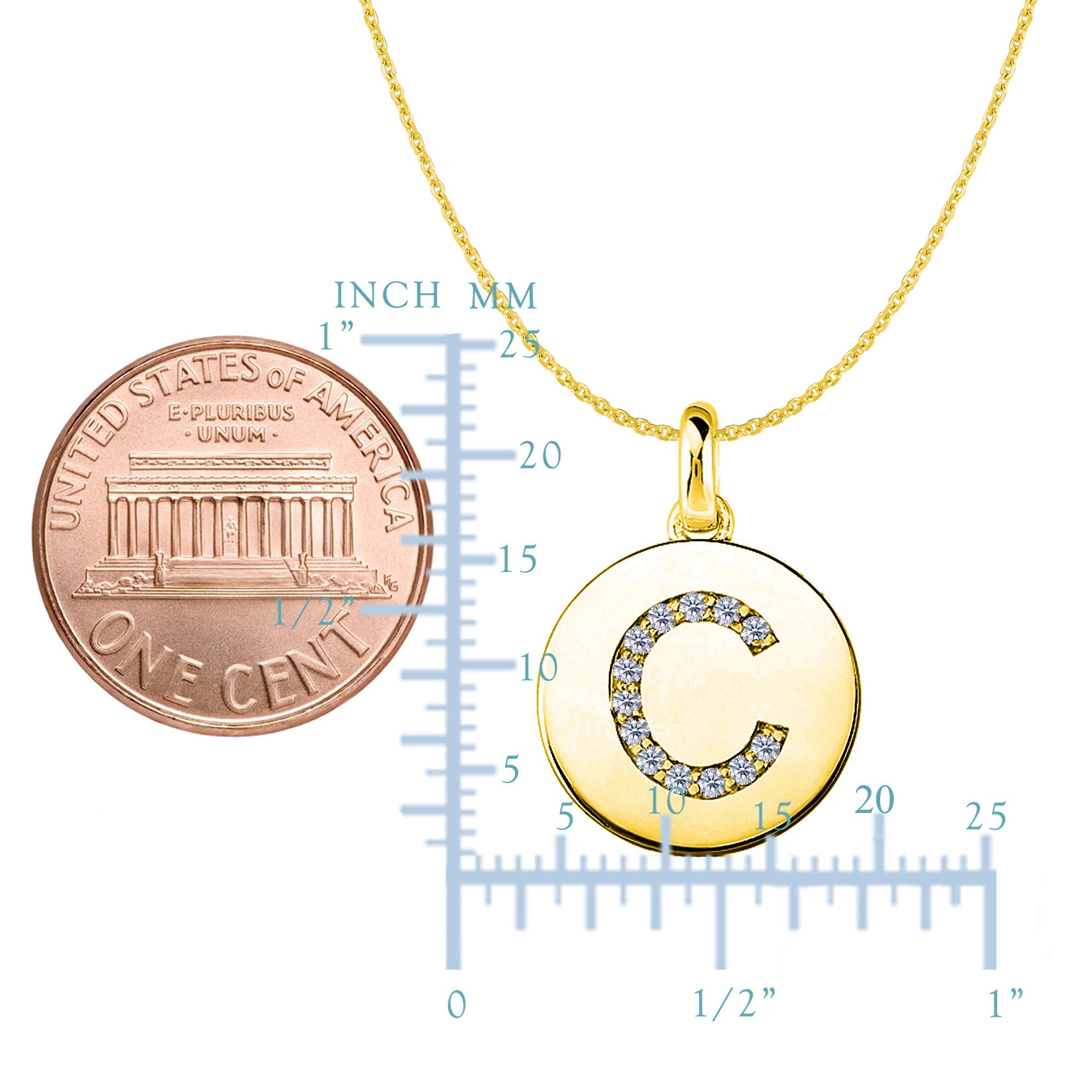 Colgante de disco de oro amarillo de 14 quilates con inicial de diamante "C" (0,13 quilates), joyería fina de diseño para hombres y mujeres