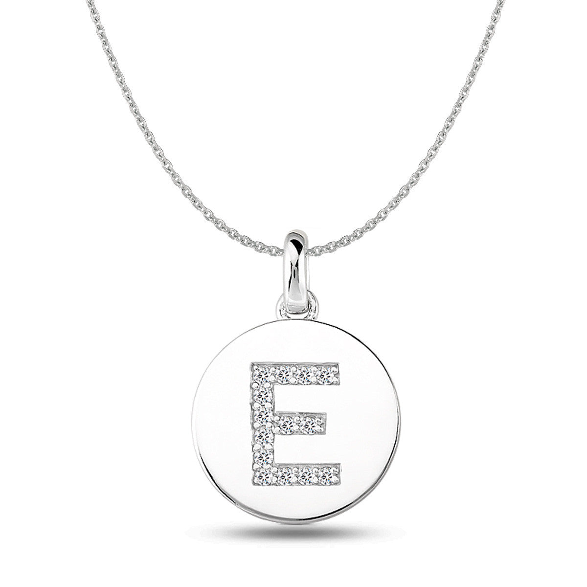 "E" Diamond Initial 14K White Gold Disk Pendant (0.14ct) fine designer jewelry for men and women