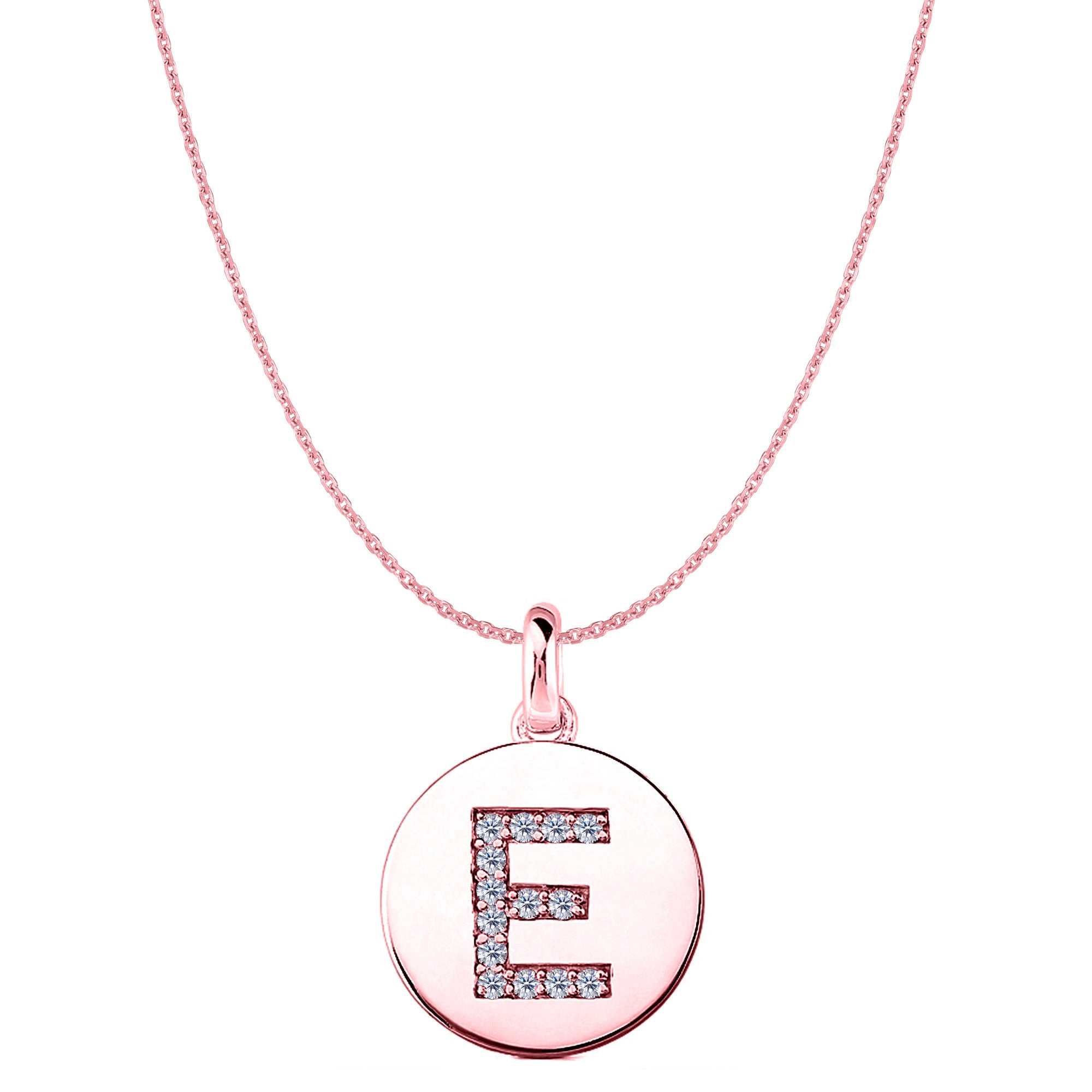 Colgante de disco de oro rosa de 14 quilates con inicial de diamante "E" (0,14 quilates), joyería fina de diseño para hombres y mujeres