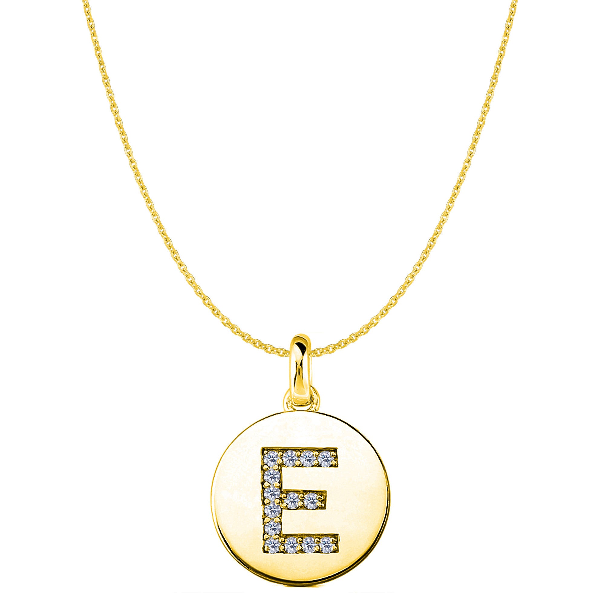 Ciondolo a forma di disco in oro giallo 14 carati con iniziale "E" (0,14 ct), gioielleria di alta qualità per uomo e donna