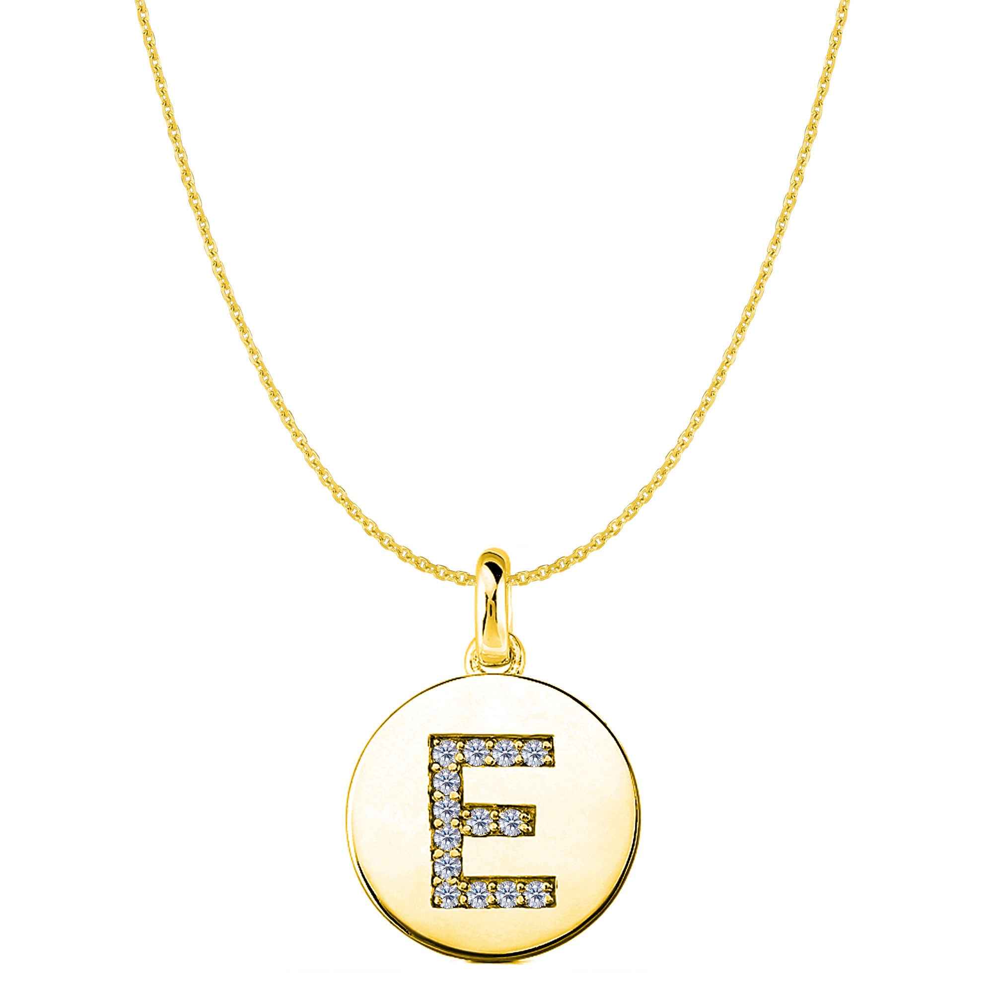 "E" Diamond Initial 14K gult gull Disk anheng (0,14ct) fine designersmykker for menn og kvinner