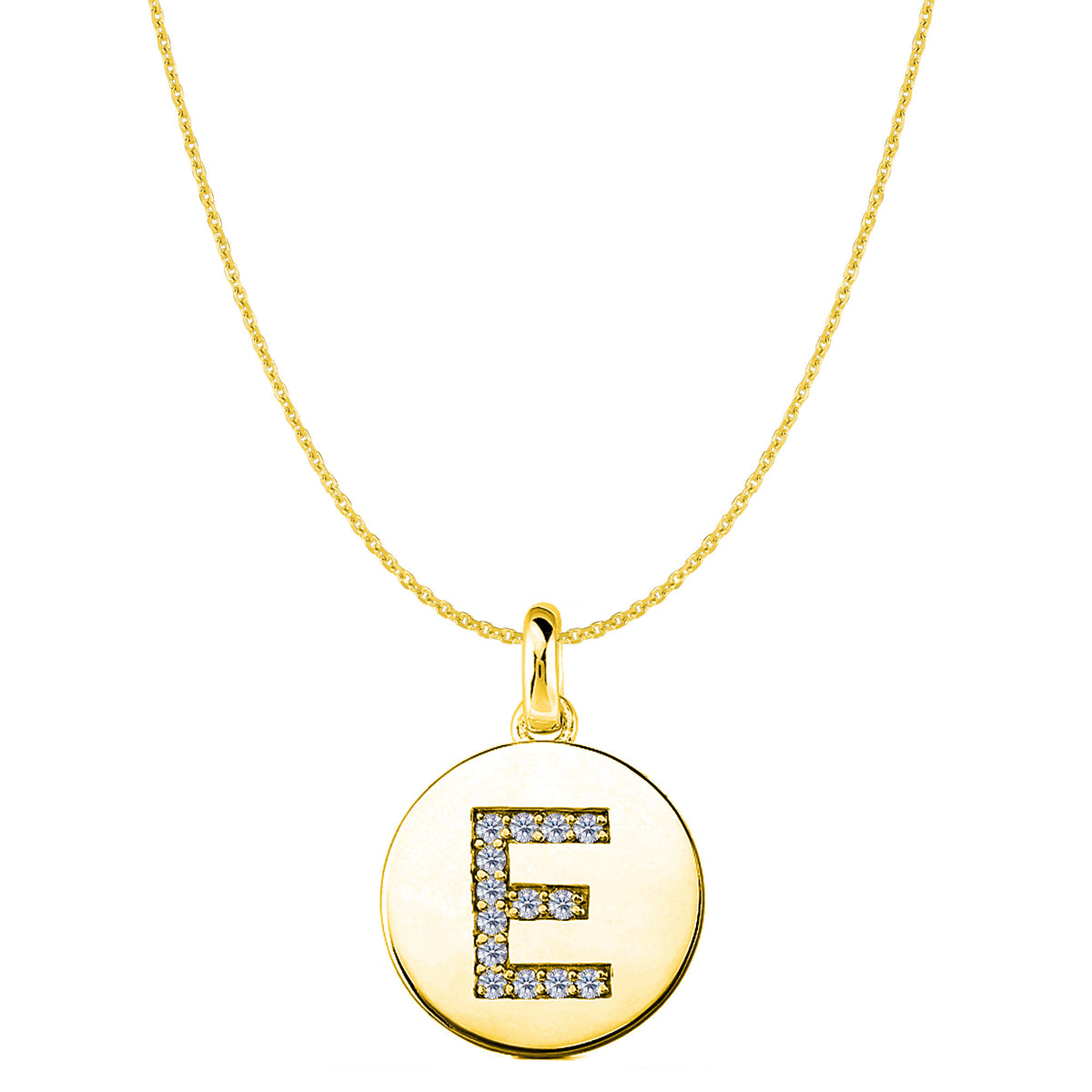 Colgante de disco de oro amarillo de 14 quilates con inicial de diamante "E" (0,14 quilates), joyería fina de diseño para hombres y mujeres