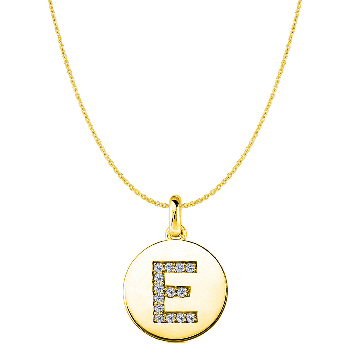 Pendentif disque en or jaune 14 carats avec initiale en diamant « E » (0,14 ct), bijoux de créateur raffinés pour hommes et femmes