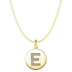 Ciondolo a forma di disco in oro giallo 14 carati con iniziale "E" (0,14 ct), gioielleria di alta qualità per uomo e donna