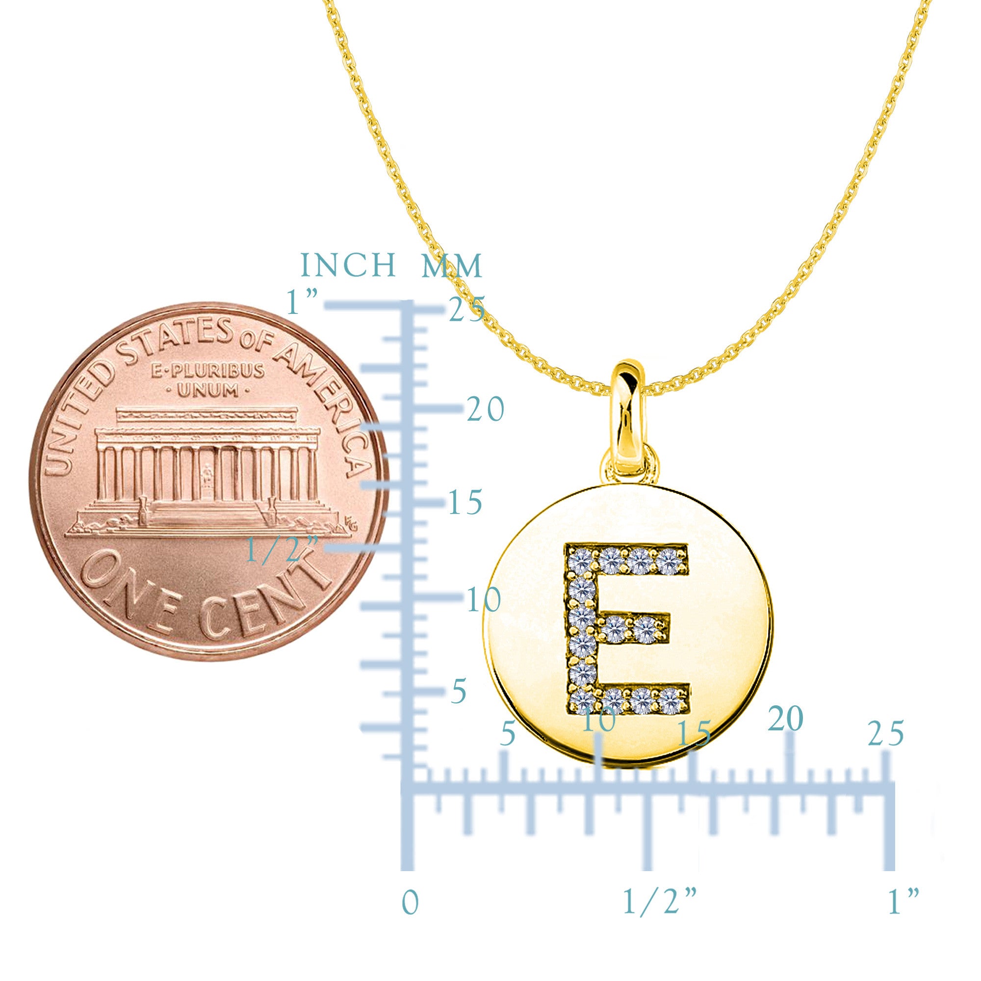 Pendentif disque en or jaune 14 carats avec initiale en diamant « E » (0,14 ct), bijoux de créateur raffinés pour hommes et femmes