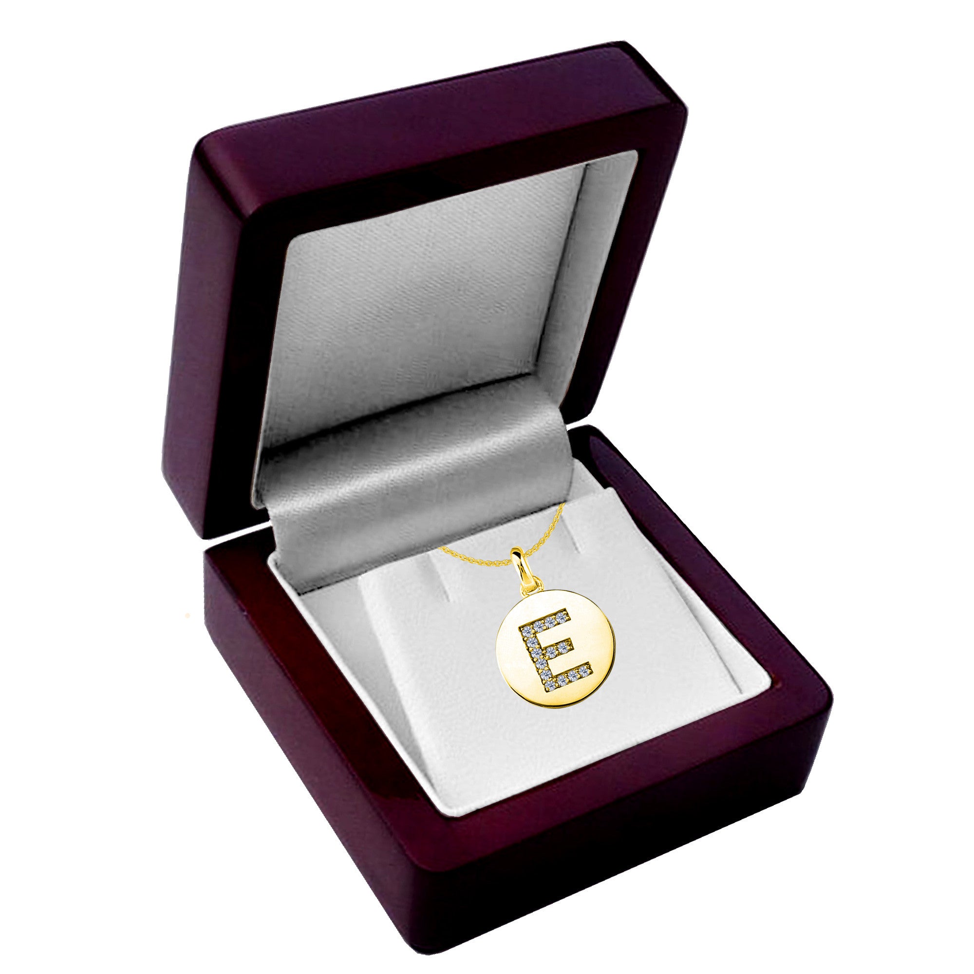 Pendentif disque en or jaune 14 carats avec initiale en diamant « E » (0,14 ct), bijoux de créateur raffinés pour hommes et femmes