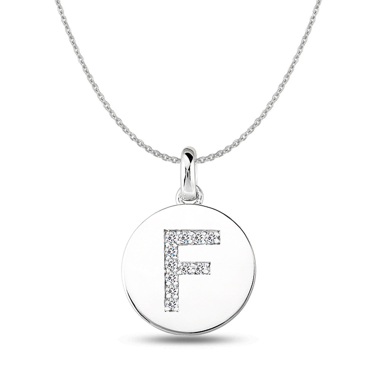 "F" Diamond Initial 14K White Gold Disk Pendant (0.11ct) fine designer jewelry for men and women
