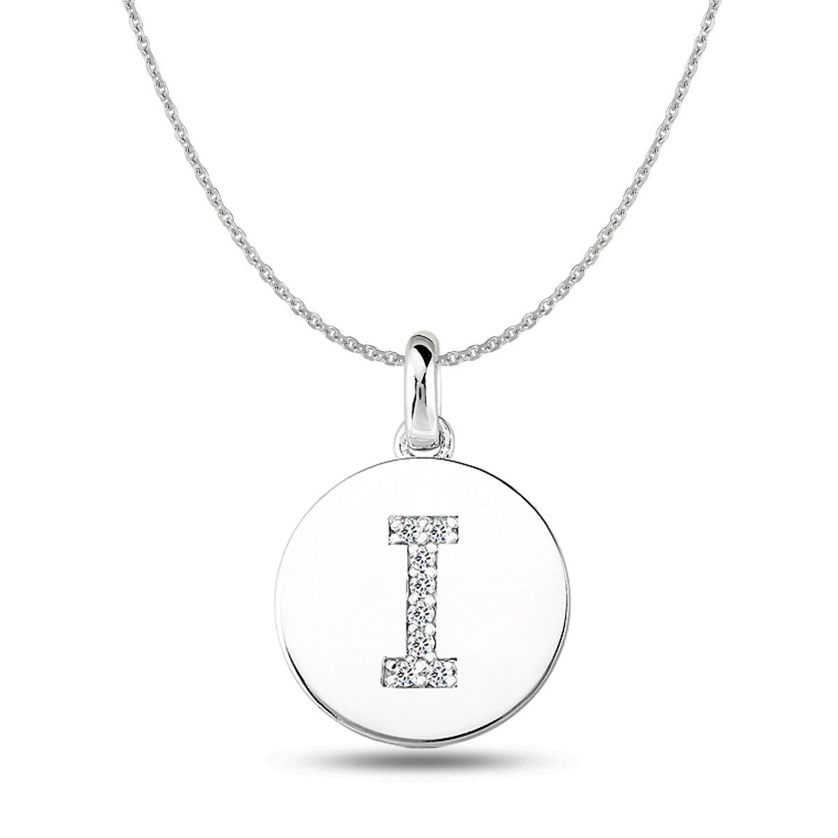 Pendentif disque en or blanc 14 carats avec initiale en diamant « I » (0,08 ct), bijoux de créateurs fins pour hommes et femmes