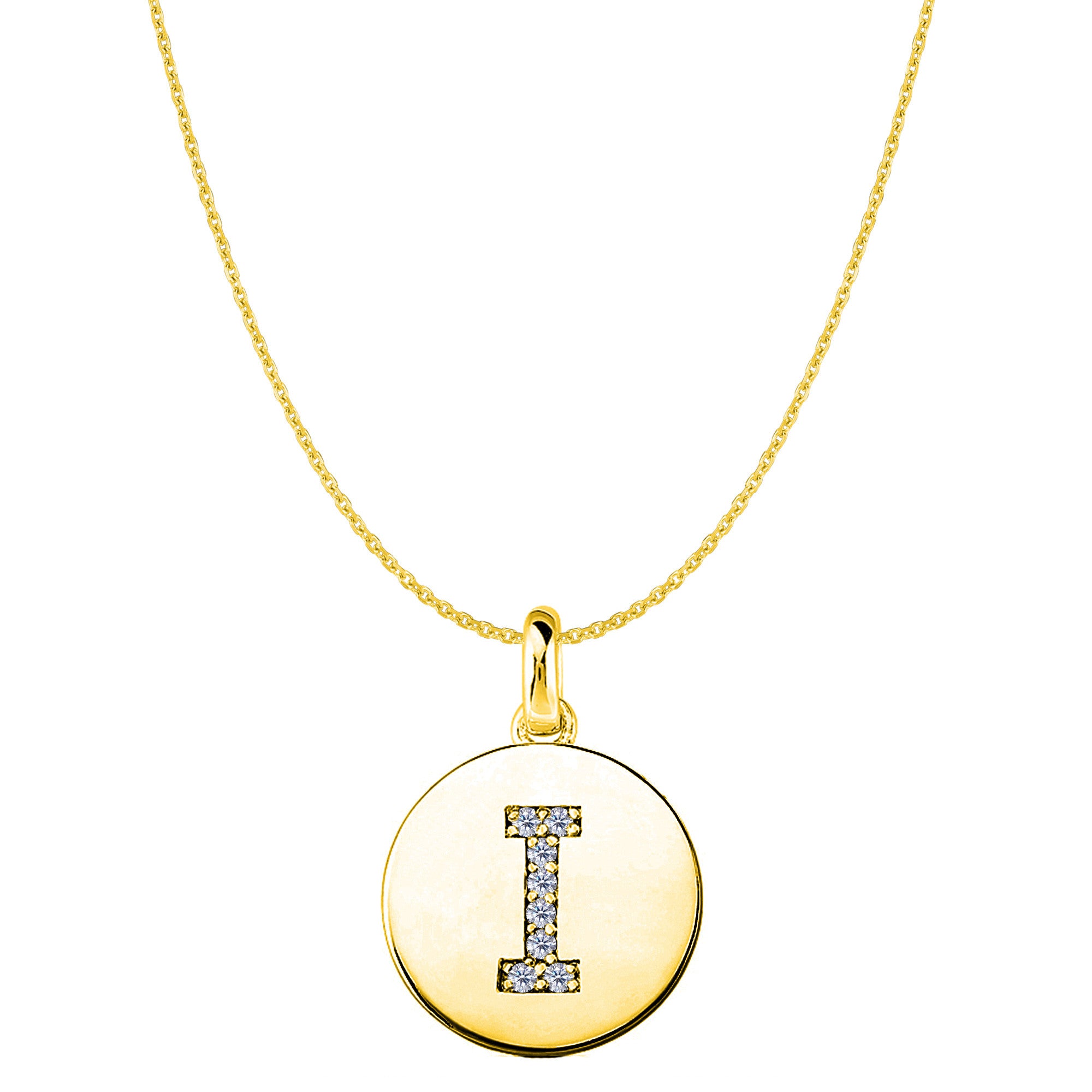 Colgante de disco de oro amarillo de 14 quilates con inicial de diamante "I" (0,08 quilates), joyería fina de diseño para hombres y mujeres