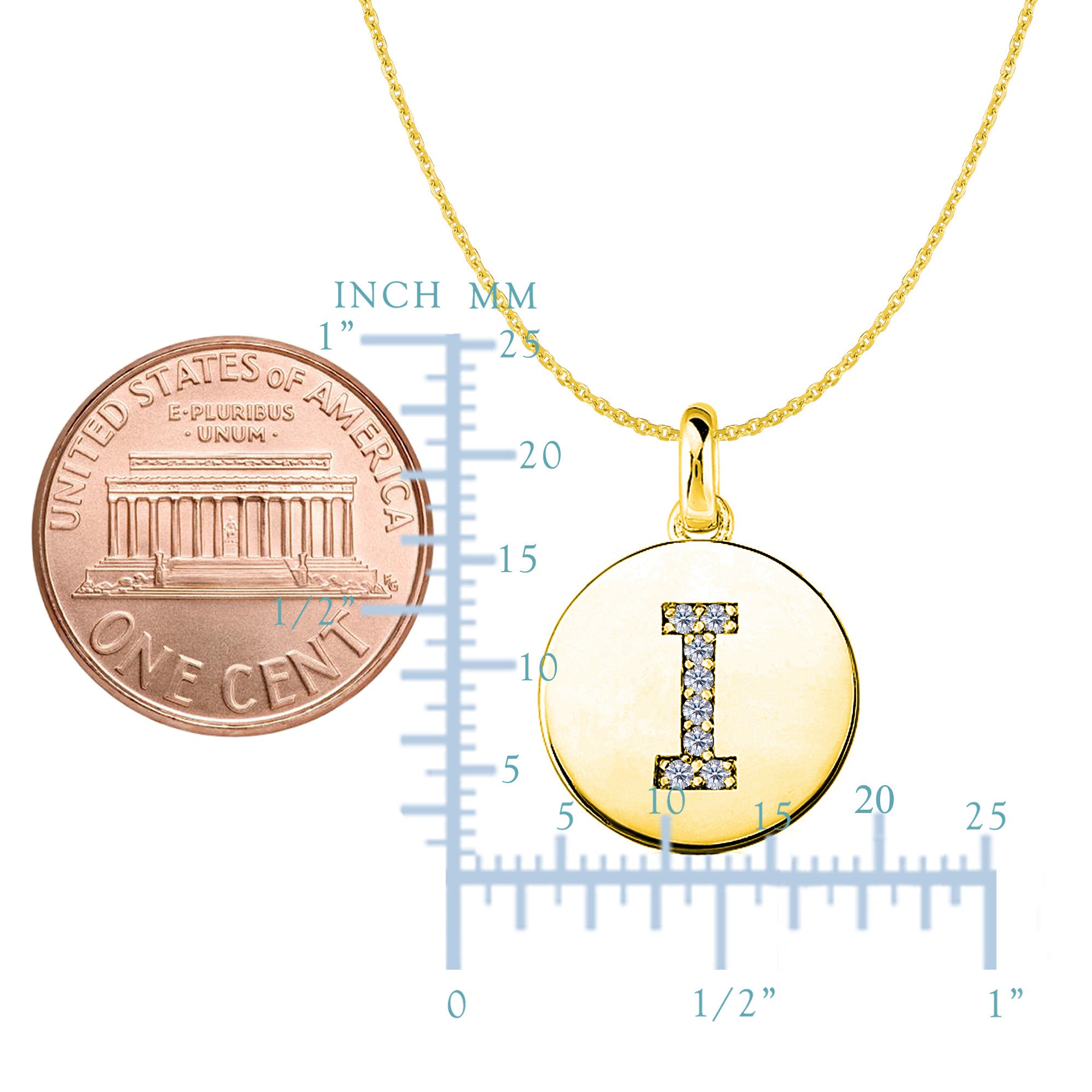 Pendentif disque en or jaune 14 carats avec initiale en diamant "I" (0,08 ct), bijoux de créateur raffinés pour hommes et femmes