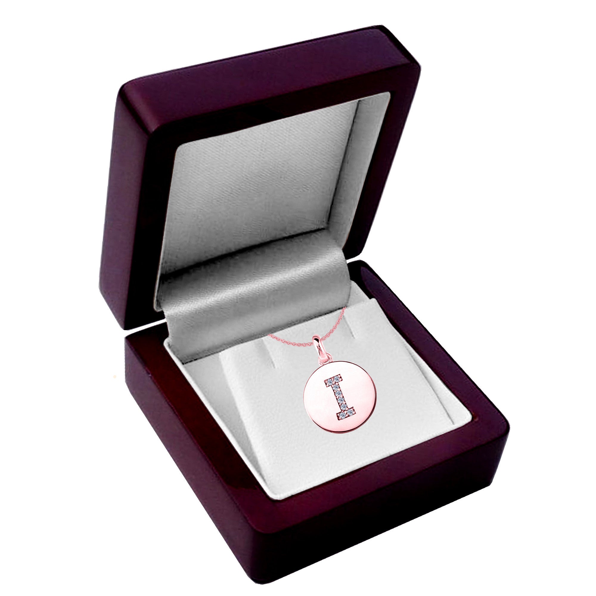 Ciondolo a forma di disco in oro rosa 14 carati con iniziale "I" (0,08 ct), gioielleria di alta qualità per uomo e donna