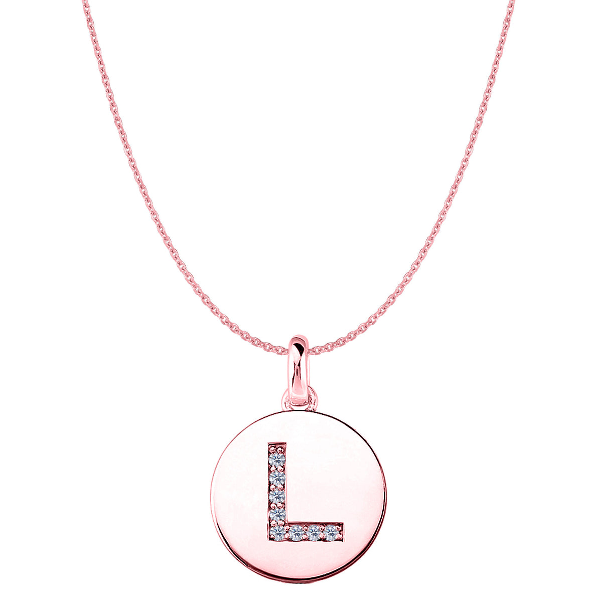 Ciondolo a forma di disco in oro rosa 14 carati con iniziale "L" (0,08 ct), gioielleria di alta qualità per uomini e donne