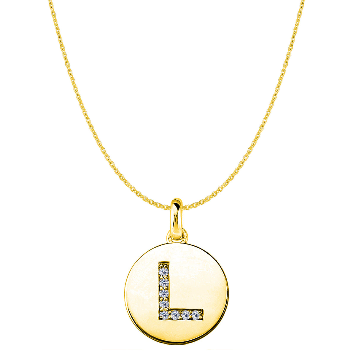 Colgante de disco de oro amarillo de 14 quilates con inicial de diamante "L" (0,08 quilates), joyería fina de diseño para hombres y mujeres