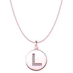 Ciondolo a forma di disco in oro rosa 14 carati con iniziale "L" (0,08 ct), gioielleria di alta qualità per uomini e donne