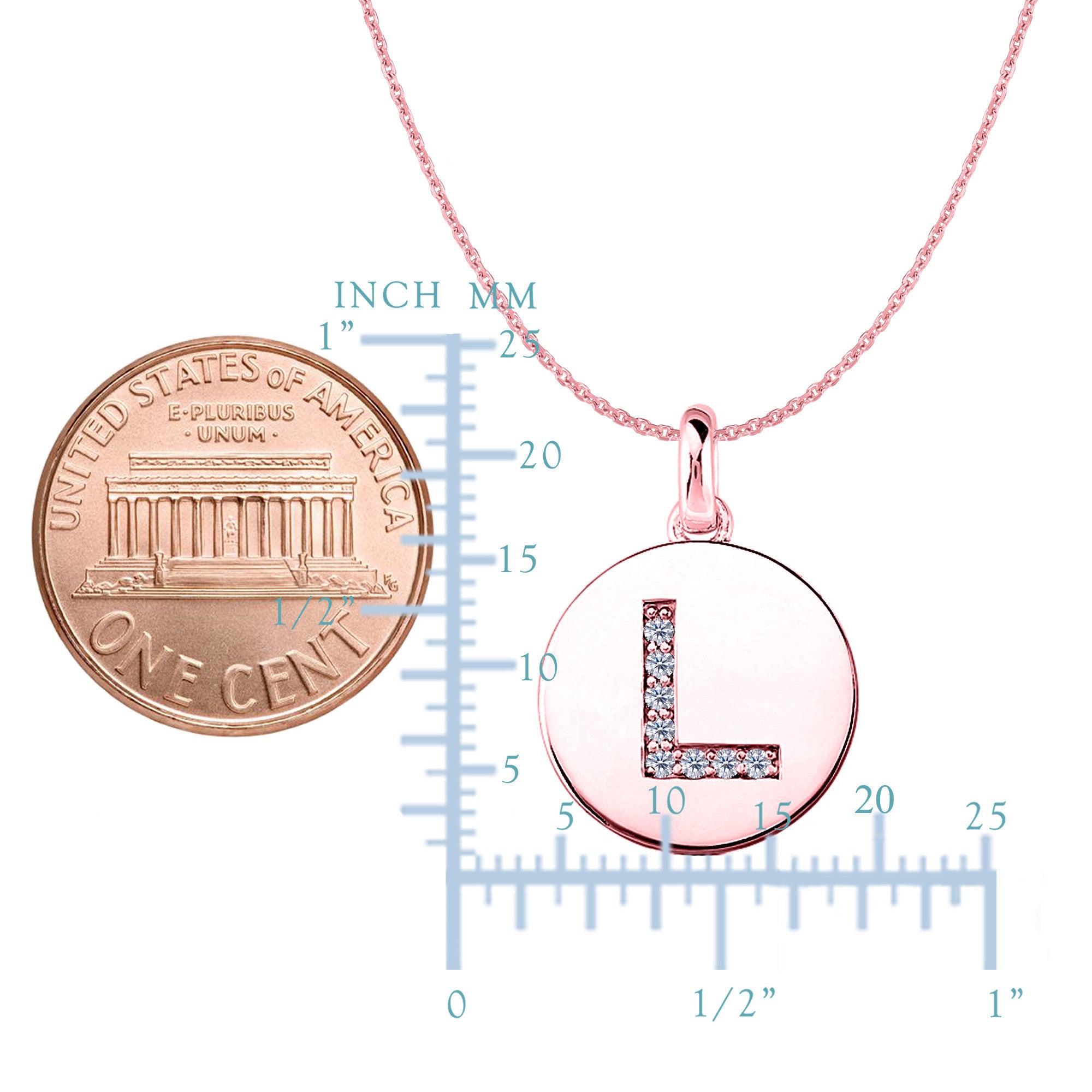 Colgante de disco de oro rosa de 14 quilates con inicial de diamante "L" (0,08 quilates), joyería fina de diseño para hombres y mujeres