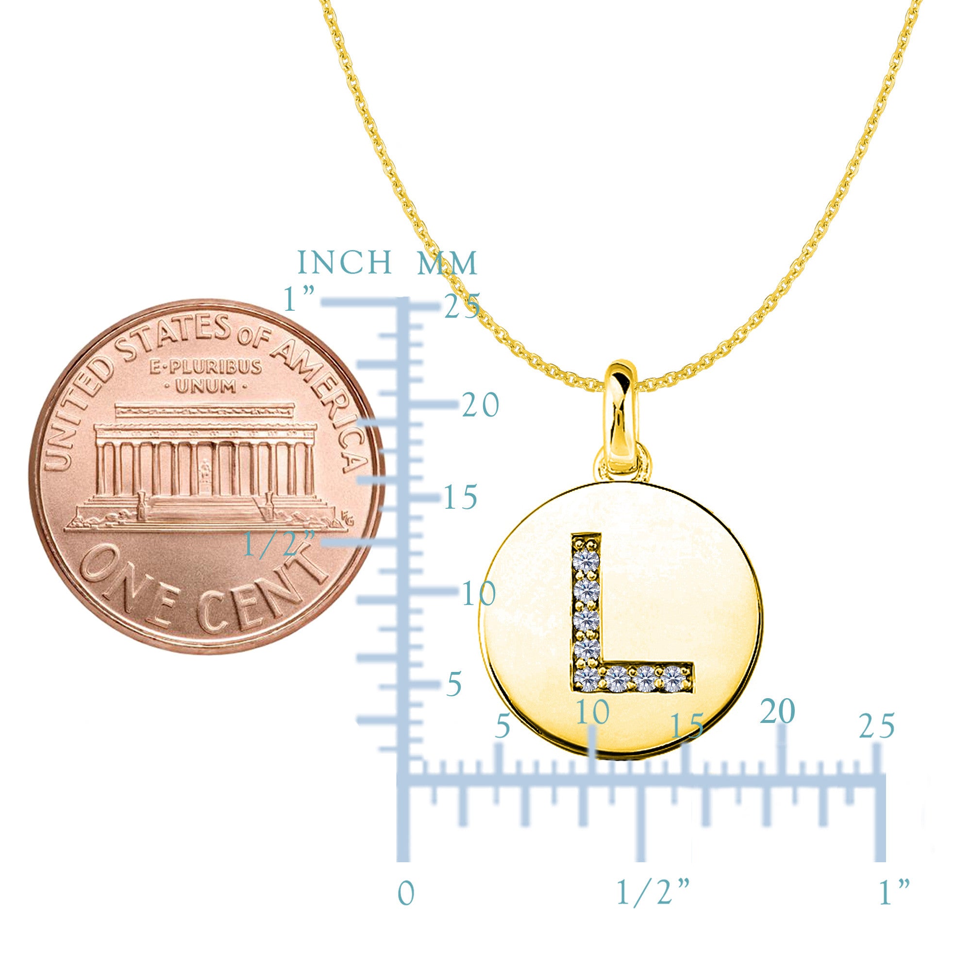 Pendentif disque en or jaune 14 carats avec initiale en diamant "L" (0,08 ct), bijoux de créateurs fins pour hommes et femmes