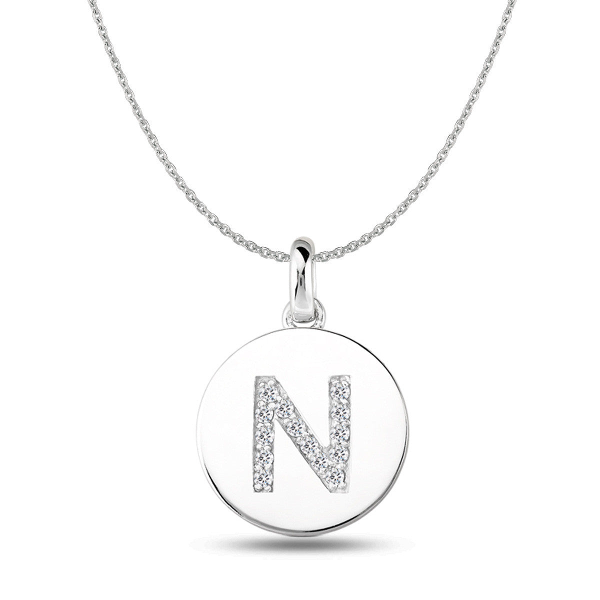 Colgante de disco de oro blanco de 14 quilates con inicial de diamante "N" (0,14 quilates), joyería fina de diseño para hombres y mujeres