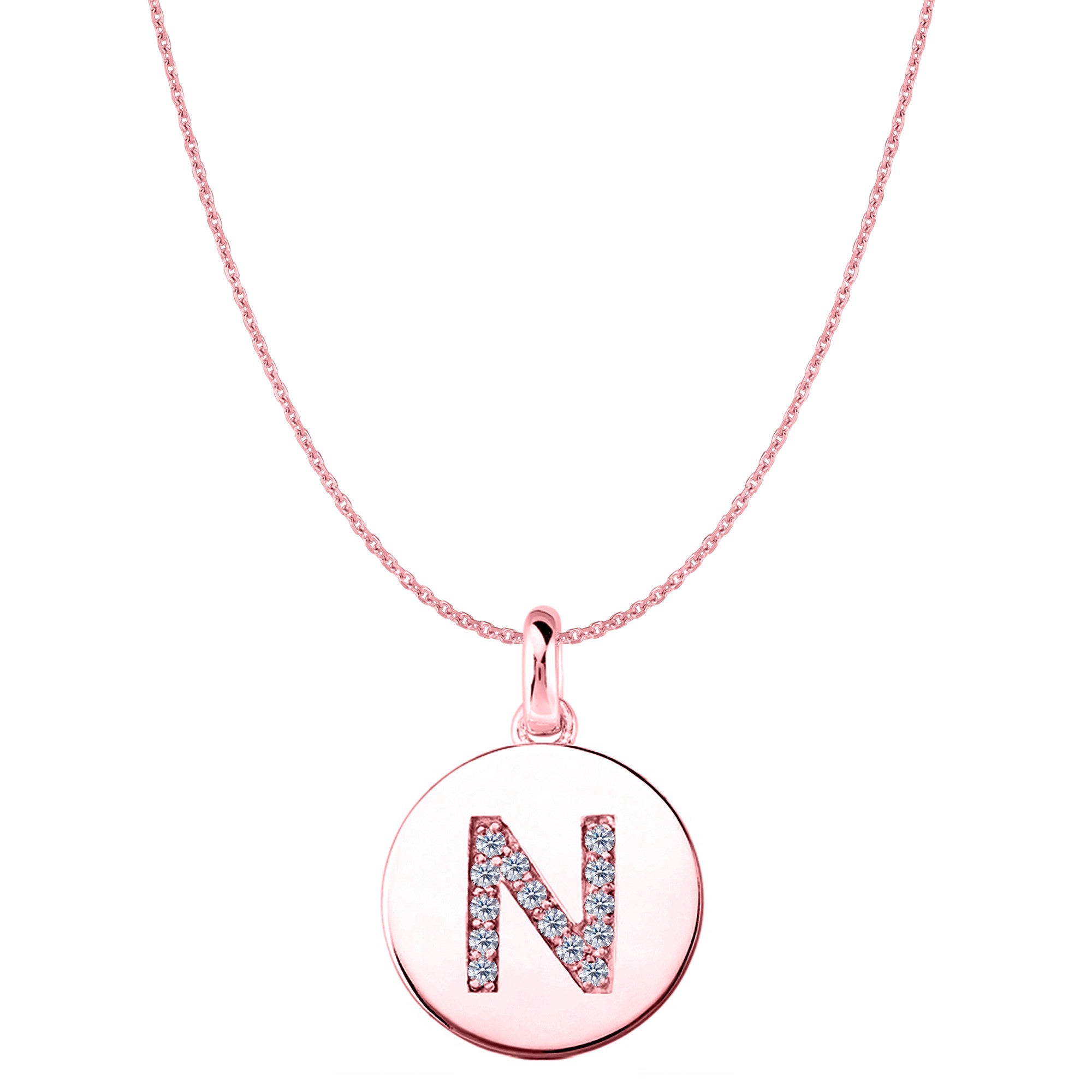 Colgante de disco de oro rosa de 14 quilates con inicial de diamante "N" (0,14 quilates), joyería fina de diseño para hombres y mujeres