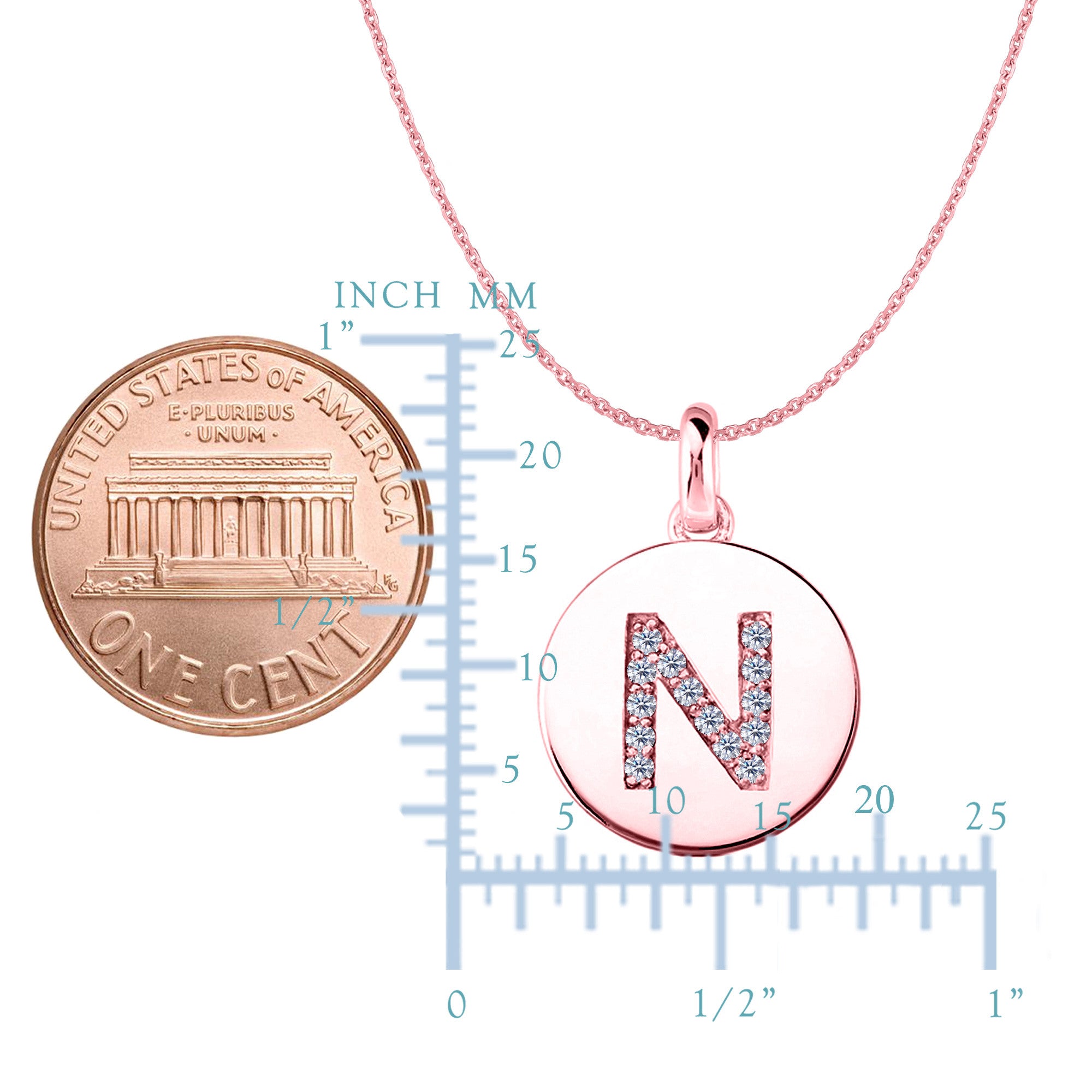 Ciondolo a forma di disco in oro rosa 14 carati con iniziale "N" (0,14 ct), gioielleria di alta qualità per uomo e donna