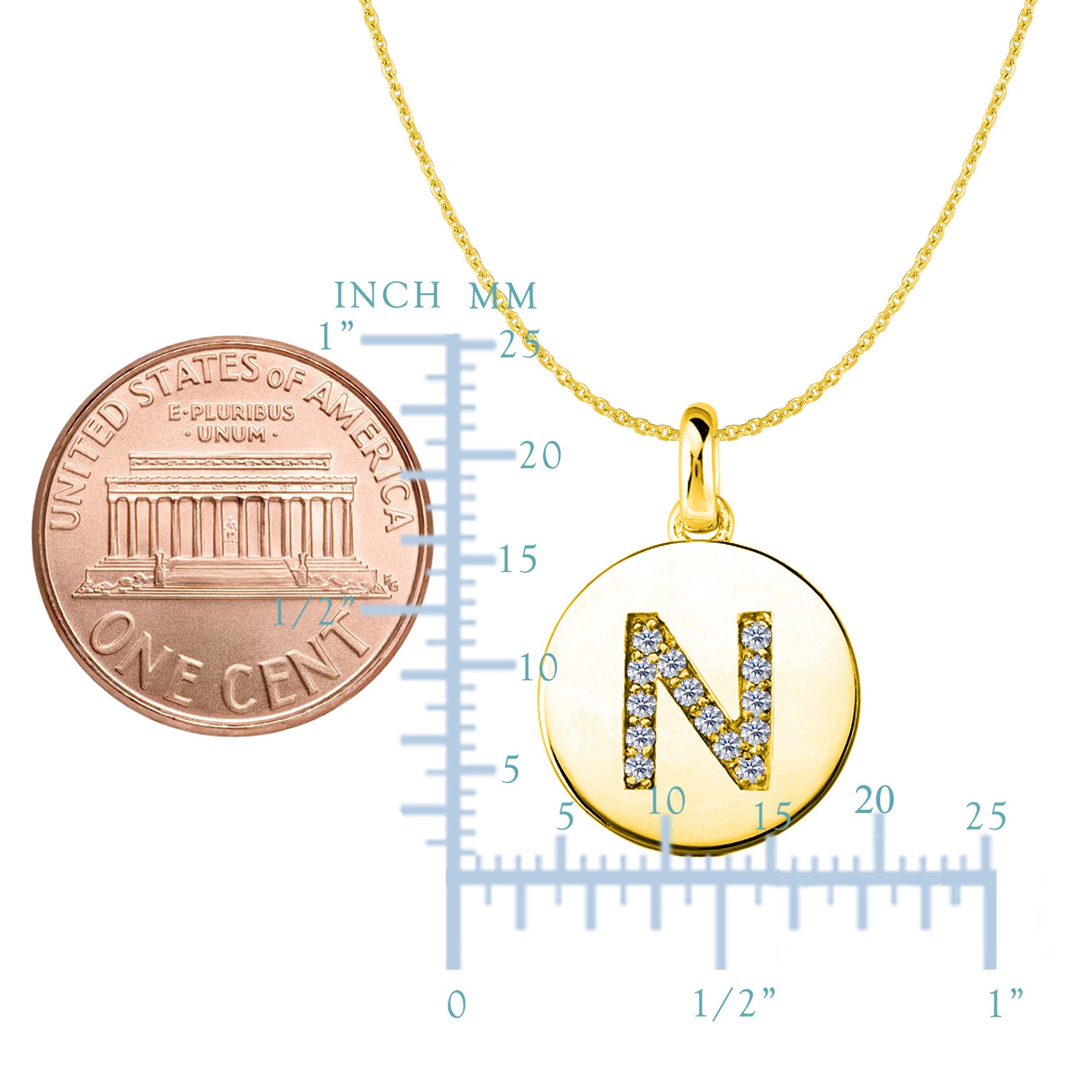 Colgante de disco de oro amarillo de 14 quilates con inicial de diamante "N" (0,14 quilates), joyería fina de diseño para hombres y mujeres