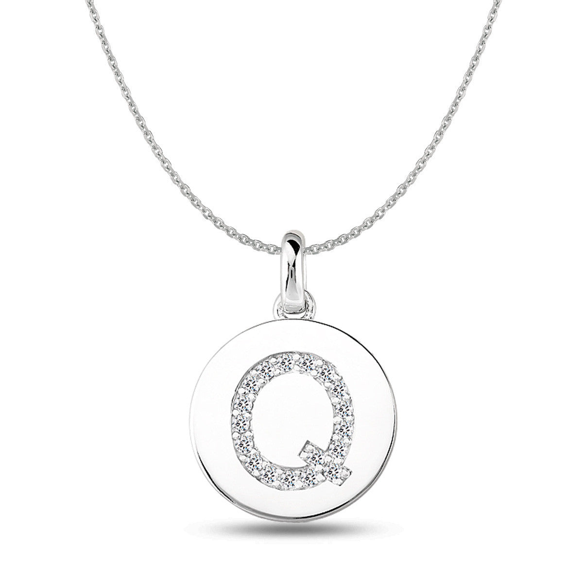 "Q" Diamond Initial 14K White Gold Disk Pendant (0.18ct) fine designer jewelry for men and women