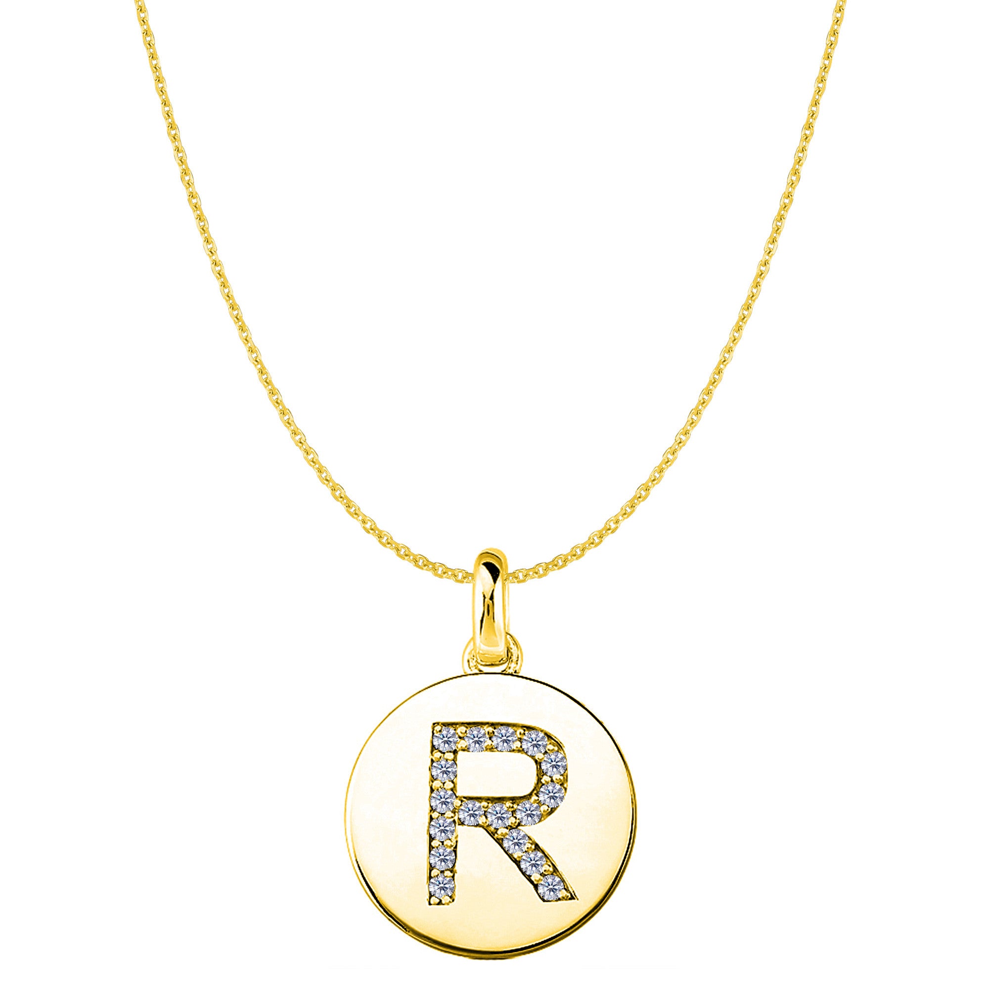 "R" Diamond Initial 14K Yellow Gold Disk Pendant (0.17ct) fine designer jewelry for men and women